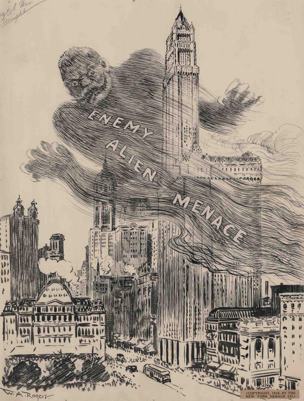 Political cartoon depicting a frowning ghost labeled "enemy alien menace" hovering over the skyline of a big city.