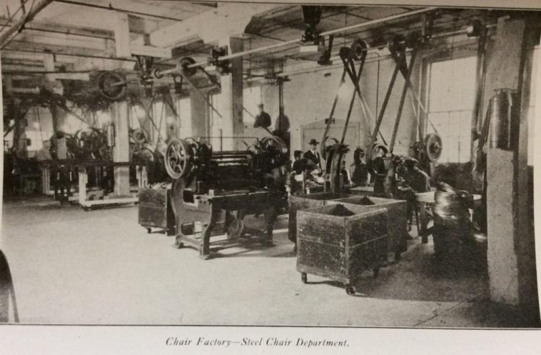 An assembly of machines to make steel chairs in the factory.