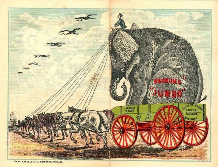 A cartoon drawing of a circus elephant being carried by a horse drawn carriage.