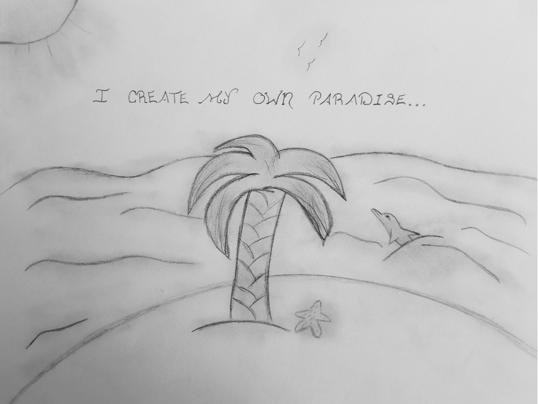 Pencil drawn artwork of a beach scene with a palm tree in the middle and a dolphin in the background. Written text says I create my own paradise.